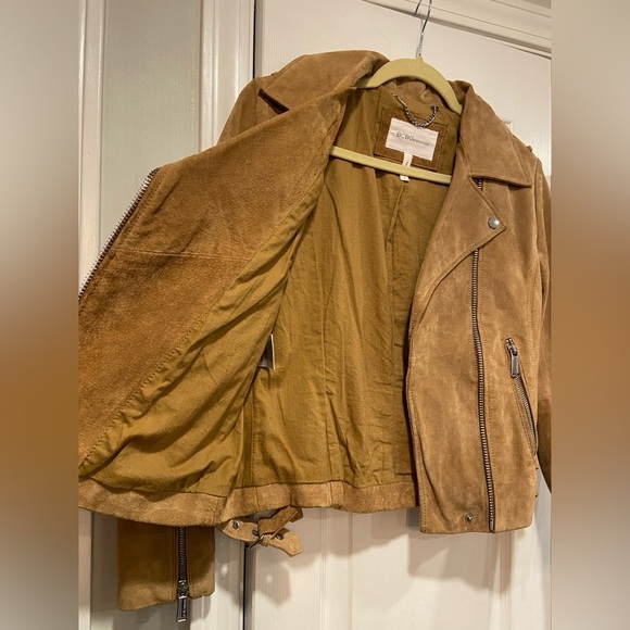 BCBGeneration Size S Camel Tan Suede Full Zip Buckles Moto Bomber Jacket Leather - Picture 2 of 14